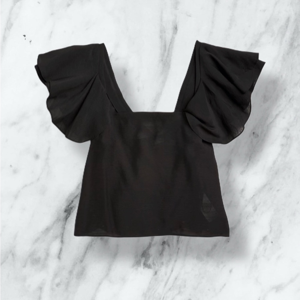 Vince Black Flutter Cape Sleeve Square Neck Crop Top Size S